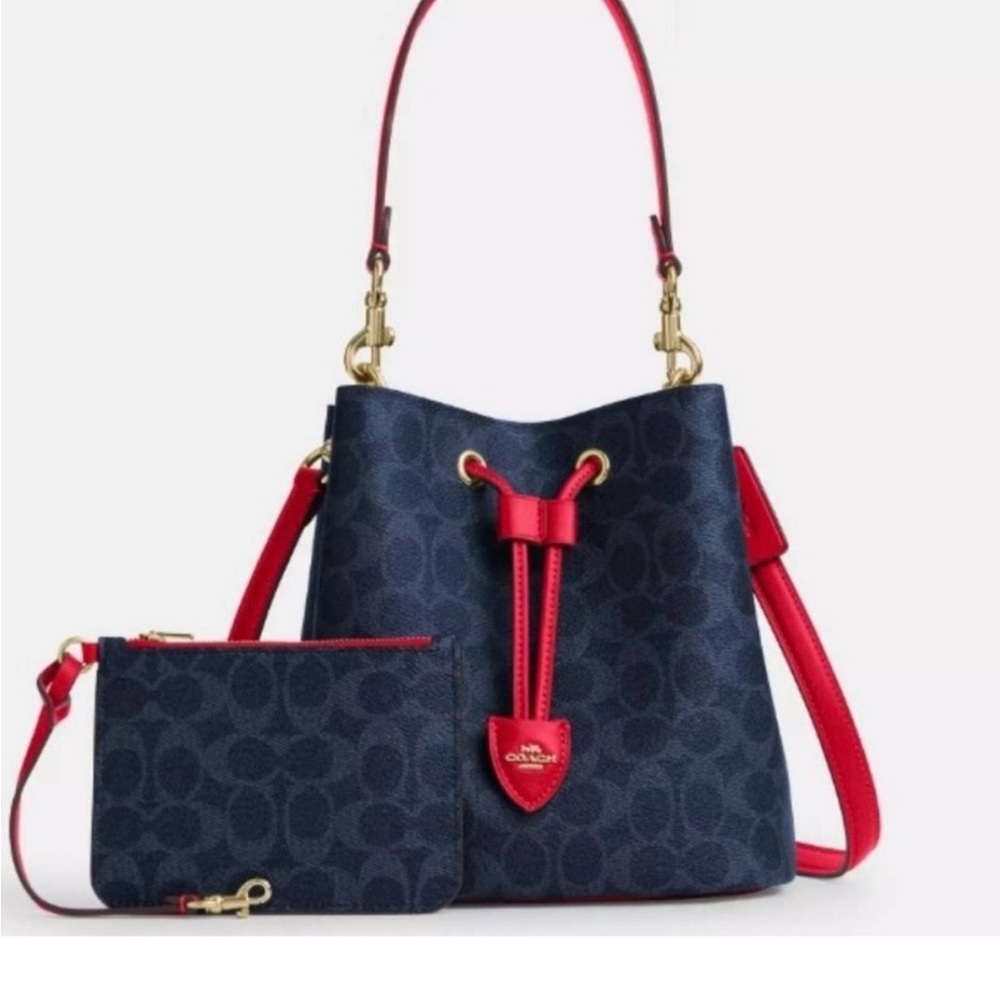 Coach Navy Signature Drawstring Bucket with Red Trim - Picture 2 of 3